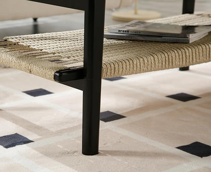 chairus Farmhouse Coffee Table Rectangular Living Room Table with Rattan Storage Solid Wood Center Table for Apartment, Home, Office, Black