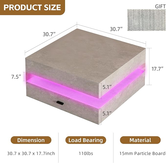 Grey LED Coffee Table for Living Room, 2-Tier Living Room Table Square Center Table, Modern Coffee Tables with Storage, Middle Wooden Tea Tables for Home Office