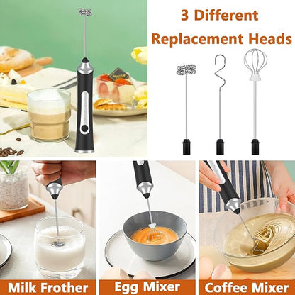 Rechargeable Milk Frother with Stand,Handheld Electric Foam Maker, Waterproof Detachable 3-Speed Adjustable Drink Mixer & Milk Foamer with 3 Stainless Steel Whisks for Lattes, Cappuccino
