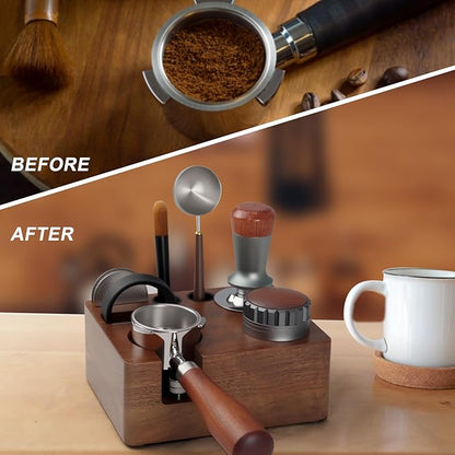 54mm Espresso Tamping Station Walnut Coffee Tamper Station Portafilter Holder,Tamper, and Distributor, Non-Slip Station for Home, Office, Restaurant