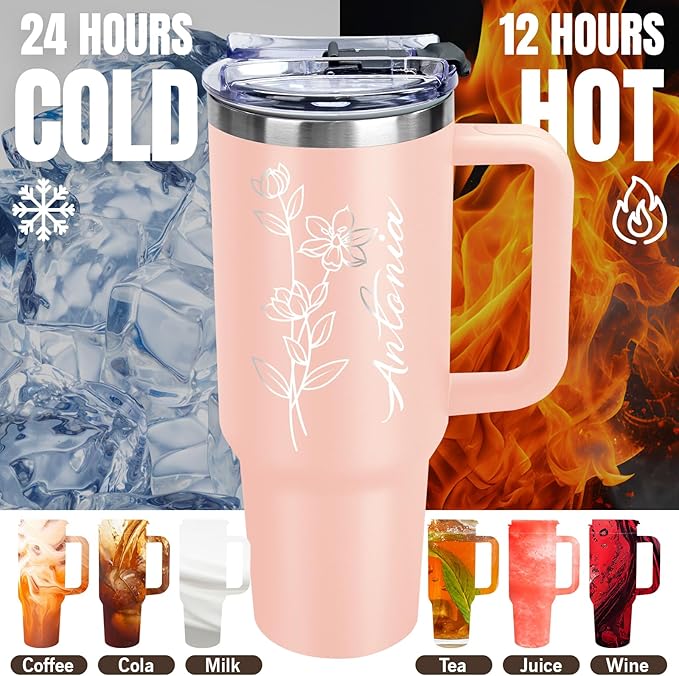 Personalized 40 oz Tumbler with Handle and Straw, Custom Tumbler with Engraved Name, Stainless Steel Travel Coffee Mug Cup, Personalized Gifts For Women Men Birthday Anniversary Christmas
