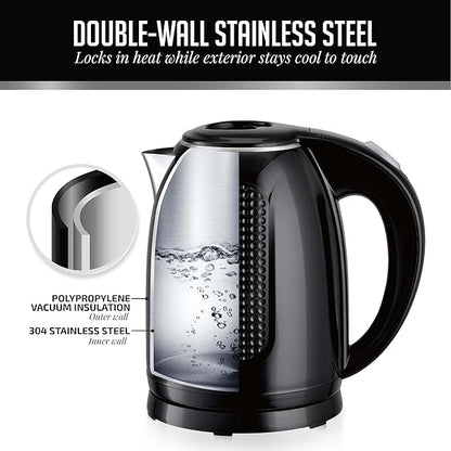 OVENTE Electric Kettle, 1.7L Double Wall Stainless Steel Insulated Water Boiler & Heater for Coffee or Tea, 1100W Fast Boiling with Auto Shut-Off, Boil-Dry Protection & Secure Locking Lid, Black KD64B