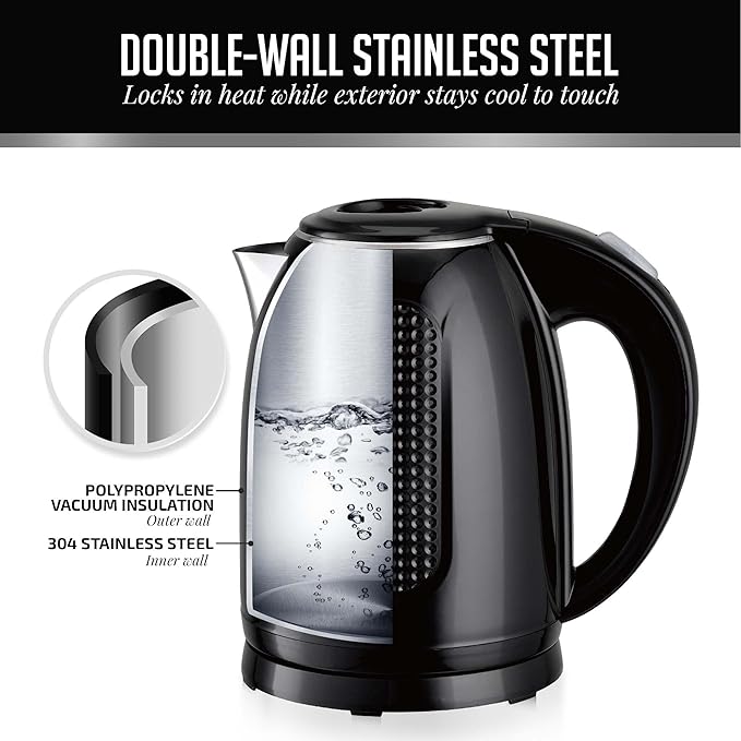 OVENTE Electric Kettle, 1.7L Double Wall Stainless Steel Insulated Water Boiler & Heater for Coffee or Tea, 1100W Fast Boiling with Auto Shut-Off, Boil-Dry Protection & Secure Locking Lid, Black KD64B