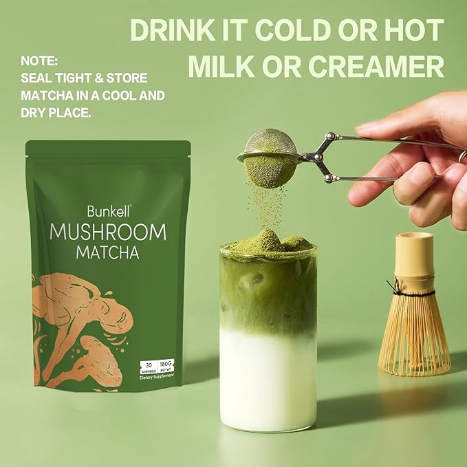 Bunkell Mushroom Matcha, Adaptogenic 6 Mushrooms Mix w/Japanese Matcha, Ceremonial Powder Blend with Lion's Mane, Reishi, Cordyceps & Shiitake for Energy, Focus & Immune Support, 30 Servings 1 Pack
