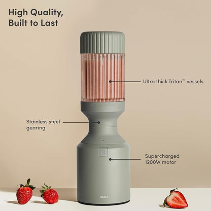 Beast Mega 1200 | Premium Countertop Blender | Smoothies, Shakes, Sauces, Dips, Soups | Blends Ice and Frozen Fruit | Includes Extra Lids and Straw System | 1200W | (Sage, 120V)