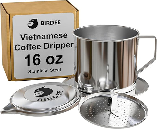 Birdee Vietnamese Coffee Dripper - 16 oz, Stainless Steel, Large Drip Filter, Durable, Dishwasher Safe, Home Use, Travel, Camping, Gift Sets