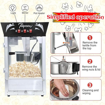 Vintage Popcorn Machine, 12oz Popper Stainless-Steel Kettle & Warming Light, Makes Up to 60 Cups, Ideal for Family Gatherings, Movie Theaters & Amusement Parks, Black