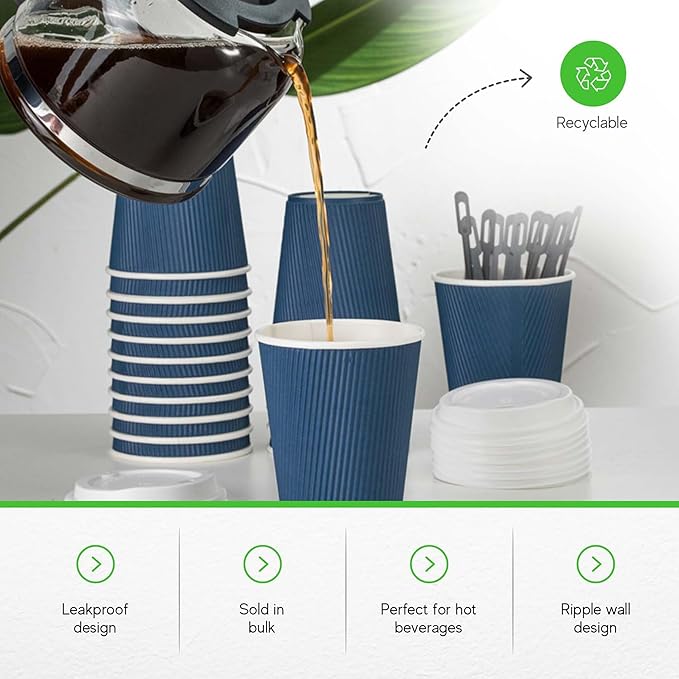 Restaurantware-12 Ounce Disposable Coffee Cups, 500 Ripple Wall Hot Cups For Coffee - Lids Sold Separately, Rolled Rim, Midnight Blue Paper Insulated Coffee Cups, For Hot Coffee, Tea, And More