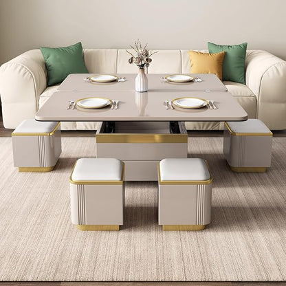 Modern Lift Top Coffee Table with 4 Storage Stools, Extendable Coffee Table with Wheels, 3-in-1 Multifunctional Center Table, Space Saving Folding Dining Table for Living Room, Easy Assembly