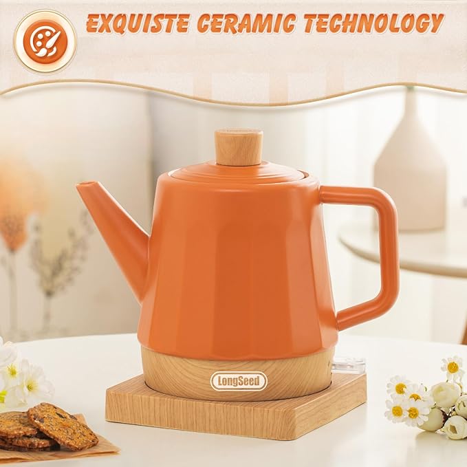 1.2-Qt Ceramic Electric Kettle Pot, Tea Kettle & Water Boiler with Automatic Shut-Off, Rapid Boil, Boil-Dry Protection, 1000W,Red