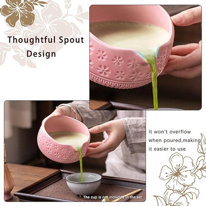 Matcha Whisk Set, 7 Pcs Pink Ceramic & Bamboo Matcha Kit with Bowl, Whisk, Holder, Scoop, Rest, Sifter, Tea Towel