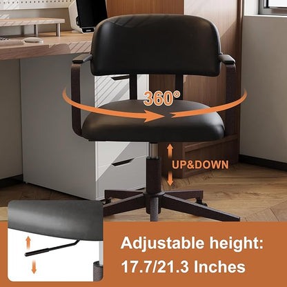 Home Office Desk Chair, Mid-Century Style Desk Chair with Padded Arms, Adjustable Seat Height, Mid Back 360° Small Computer Chair with Mobile Mute Wheel, PU Leather (Black)