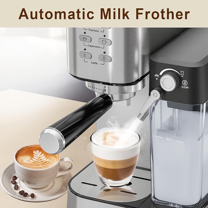 Espresso Machine 20 Bar, Coffee Maker with Automatic Milk Frother, 6-in-1 One-Touch Small/Large Shot, Espresso Maker for Cappuccino/Latte, Compact for Home and Office, Stainless Steel