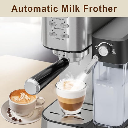 Espresso Machine 20 Bar, Coffee Maker with Automatic Milk Frother, 6-in-1 One-Touch Small/Large Shot, Espresso Maker for Cappuccino/Latte, Compact for Home and Office, Stainless Steel