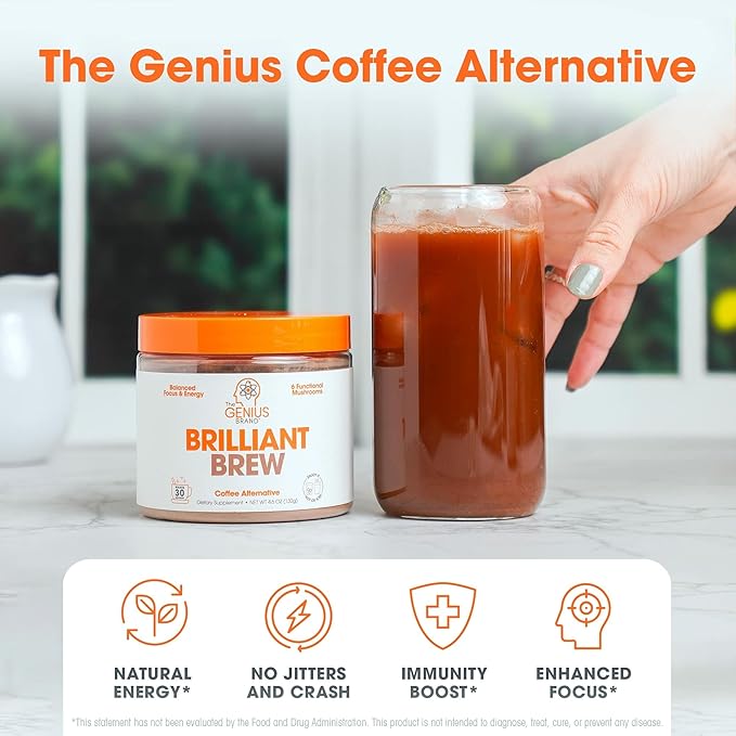 The Genius Brand Genius Brilliant Brew - Natural Coffee Substitute for Clear Thinking, Energy & Immune Support - No Crash or Jitters - Powered by Nootropics - Non-GMO - 30 Servings - Sweet Cocoa