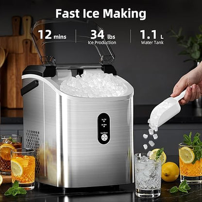 Antarctic Star Nugget Ice Maker Countertop with Soft Chewable Ice, Portable Sonic Ice Maker with Basket and Scoop, Removable Top Cover, Auto-Cleaning for Home/Party/RV/Camping (Stainless Steel Silver)