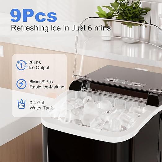 SMUG Ice Makers Countertop with Handle, Portable Ice Machine, 9 Bullet Cubes in 6 Mins, 26lbs in 24Hrs, Auto-Cleaning, with Basket and Scoop, for Home, Kitchen, RV, Camping, Elegant Black with Handle