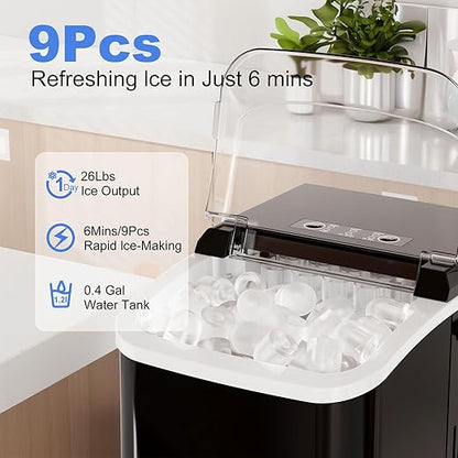 SMUG Ice Makers Countertop with Handle, Portable Ice Machine, 9 Bullet Cubes in 6 Mins, 26lbs in 24Hrs, Auto-Cleaning, with Basket and Scoop, for Home, Kitchen, RV, Camping, Elegant Black with Handle
