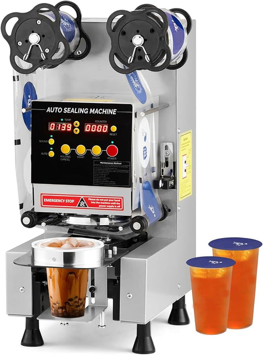 OlymStore Cup Sealing Machine Full Automatic, Electric Bubble Tea Machine, Cup Sealer Machine 500-650 Cups/H with Digital Control LCD Panel for Bubble Milk Tea Coffee, 88/89/90/95mm, Silver