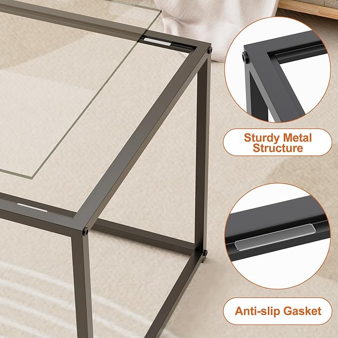Glass Coffee Table, Modern Center Tables for Living Room, Black Rectangle Center Tea with Metal Frame, Clear Glass Top Coffee Table for Home, Office, Easy Assembly, 39.4 x 18.9 x 17.7, Black