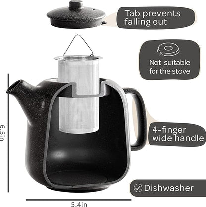 Steinzeit Design Tea Pot (44 oz) - Premium Ceramic Teapot with Infuser for Loose Tea - Black Teapot Ceramic with Removable Strainer