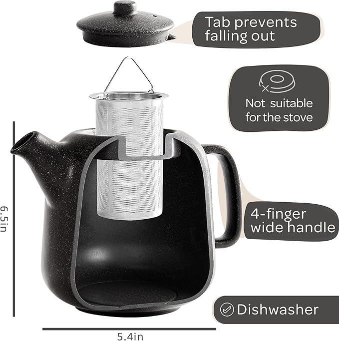 Steinzeit Design Tea Pot (44 oz) - Premium Ceramic Teapot with Infuser for Loose Tea - Black Teapot Ceramic with Removable Strainer
