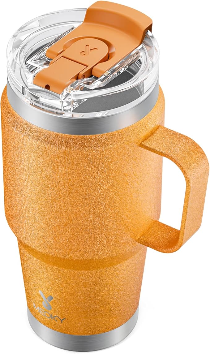 Meoky 24oz Travel Mug, Triple Insulated Stainless Steel Tumbler with Handle and 2-in-1 Straw and Sip Lid, 100% Leak Proof, Keeps Cold for 24 Hours or Hot for 8 Hours, Cupholder Friendly (Maple)