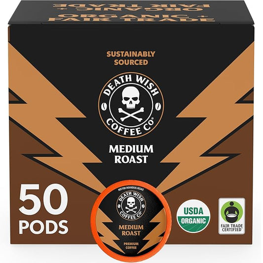 Death Wish Coffee, Medium Roast Single Serve Pods - USDA Organic Coffee (50 Count)