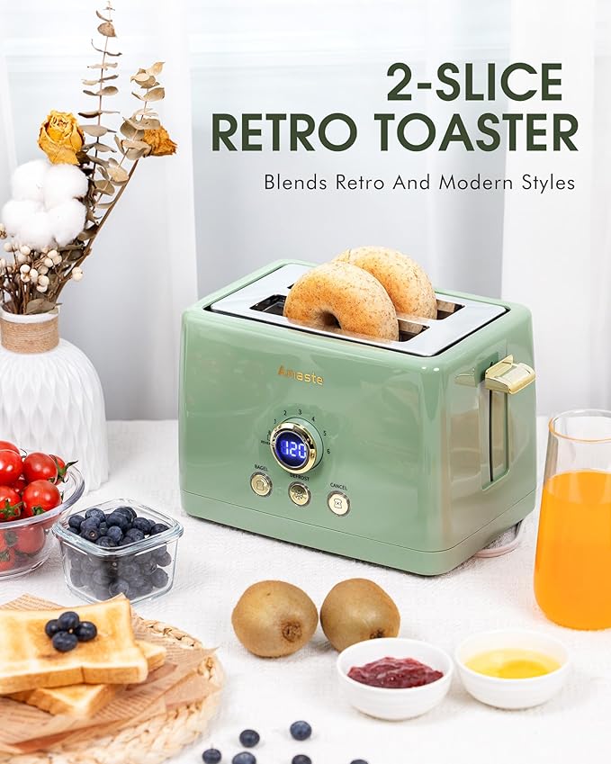 2 Slice Toaster, Retro Bread Toaster with LED Display, Extra Wide Slots Toasters with 6 Bread Shade Settings, Bagel, Cancel, Defrost Function, Stainless Steel with High Lift Lever, Removal Crumb Tray
