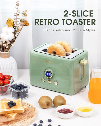 2 Slice Toaster, Retro Bread Toaster with LED Display, Extra Wide Slots Toasters with 6 Bread Shade Settings, Bagel, Cancel, Defrost Function, Stainless Steel with High Lift Lever, Removal Crumb Tray