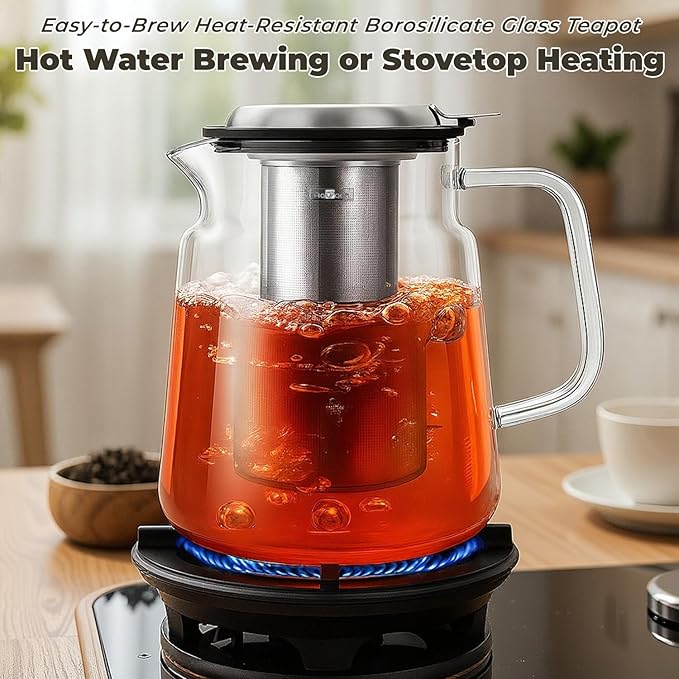 Aquach Glass Teapot with Removable Infuser - 57oz Borosilicate Tea Pot for Stovetop & Cold Brew, Stainless Steel Filter for Loose Leaf/Iced Tea