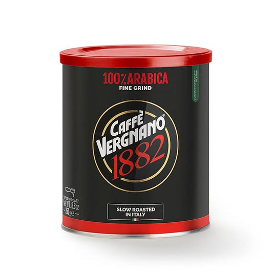 Caffè Vergnano Italian Ground 100% Arabica Espresso Coffee, Medium Roast Intensity 6 – Fruity Blend with Milk Chocolate, Caramel & Nut Notes – 8.82 oz Tin for Cozy Autumn Coffee Moments