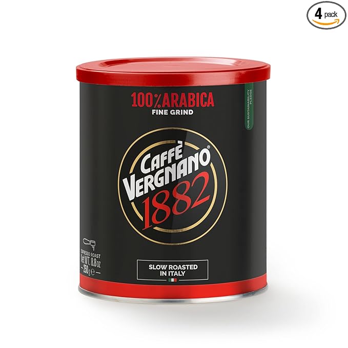 Caffè Vergnano Italian Finely Ground 100% Arabica Espresso Coffee, 4 Pack – Intensity 6, Delicate & Subtly Fruity Blend, Slow Roasted with Notes of Milk Chocolate, Caramel & Nuts, 8.82 oz Tin