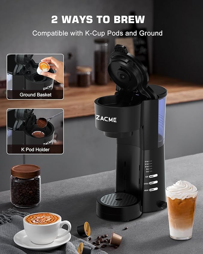 ZACME 4IN1 Single Serve Coffee Maker for K Cup &Ground, Small Coffee Machine with Milk Frother & Grinder, 5 Brew Size, 28oz Water Tank, Adjustable Drip Tray