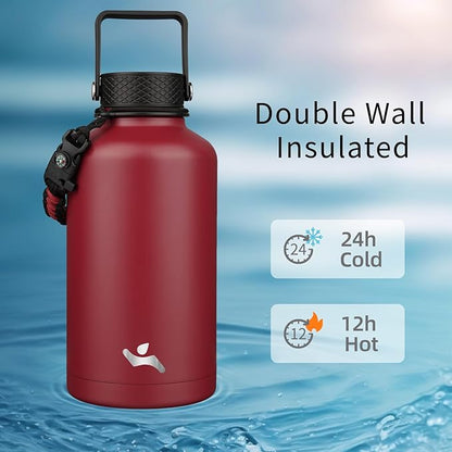 Half Gallon Insulated Water Bottle with Straw,64 oz 3 Lids Water Jug with Carrying Bag,Paracord Handle,Double Wall Vacuum Stainless Steel Metal Flask,Dark Red