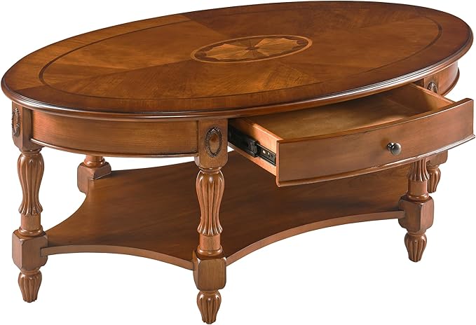Solid Wood Oval Coffee Table with Drawer and Shelf, 44.9" Traditional Vintage Center Table Polished Edging Cocktail Tea Table for Living Room Bedroom, Beewax