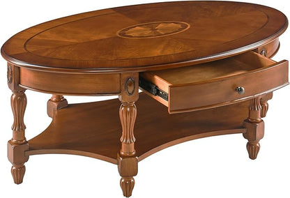 Solid Wood Oval Coffee Table with Drawer and Shelf, 44.9" Traditional Vintage Center Table Polished Edging Cocktail Tea Table for Living Room Bedroom, Beewax