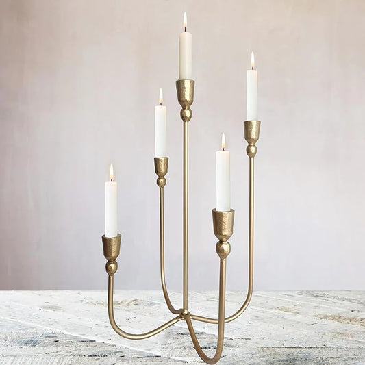 Iron Tabletop Candelabra - Decorative Metal Candelabra Candle Holder, 5 French Dinner Candles (Dinner 5 Candles)