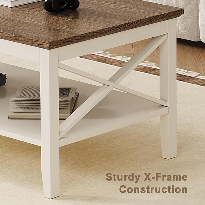 ChooChoo Farmhouse Coffee Table, Wooden Coffee Tables with Thicker Legs, White Coffee Table with Storage for Living Room