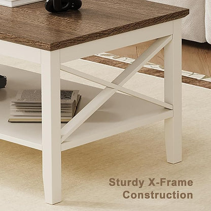 ChooChoo Farmhouse Coffee Table, Wooden Coffee Tables with Thicker Legs, White Coffee Table with Storage for Living Room