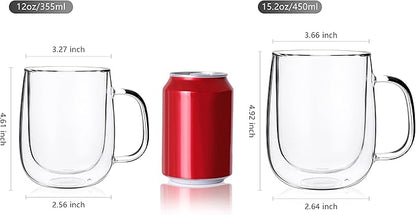 CNGLASS Glass Coffee Mugs 12oz,Double Wall Insulated Mug Set with Handle,Clear Glass Espresso Mugs for Latte,Cappuccino,Tea Bag,Hot and Cold Beverages,Set of 4