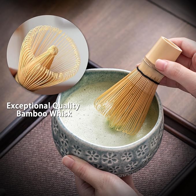Matcha Whisk Set, Ceramic Matcha Set Includes Matcha Bowl, Matcha Whisk and Holder, Bamboo Scoop, Scoop Rest, Sifter and Tea Towel - 7 Pcs Matcha Kit for Matcha Lovers (Blue)