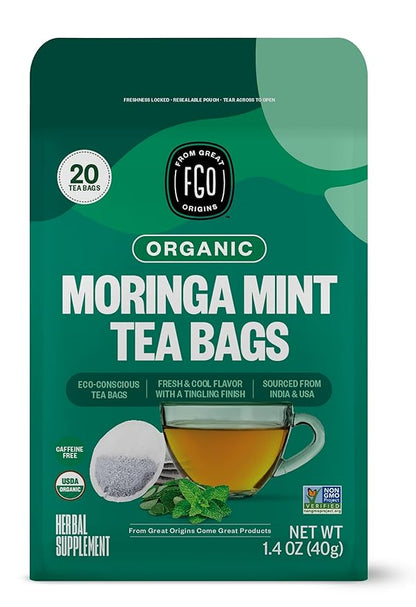 FGO Organic Moringa Mint Tea, 20 Count, Eco-Conscious Herbal Tea Bags, Resealable Bag, Caffeine Free, Packaging May Vary (Pack of 1)