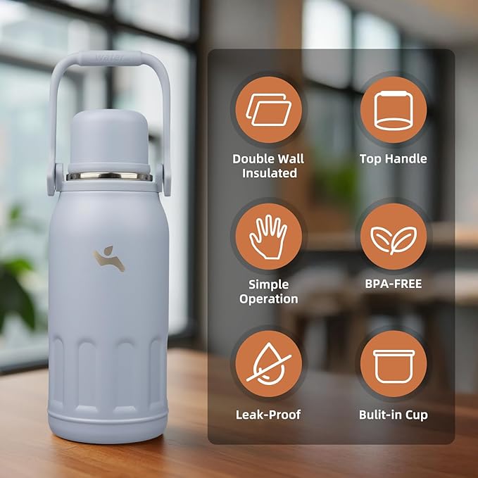 Insulated Water Bottle with Handle and Strap,Vacuum Travel Tumbler with Cup Lid,Thermo Coffee Cup for Hot Cold Drinks 40 OZ,Blue Haze