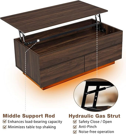 HOMMPA Lift Top Coffee Table with LED Light Morden Coffee Table with Storage High Gloss Walnut Coffee Table for Living Room Tea Table with Storage Center Tables Hidden Compartment & 2 Drawers