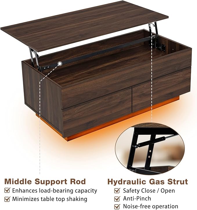 HOMMPA Lift Top Coffee Table with LED Light Morden Coffee Table with Storage High Gloss Walnut Coffee Table for Living Room Tea Table with Storage Center Tables Hidden Compartment & 2 Drawers
