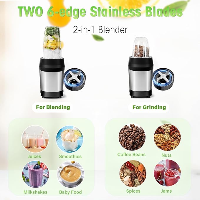 Nahida Blender for Smoothies, 1200W Smoothie Blender for Ice Crushing, Blenders with (2) 6-Fin Blades, Personal Blenders for Kitchen with 23oz, 32oz, 37oz Easy Go Cups for Juices, Silver