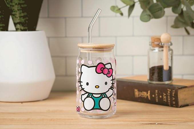 Silver Buffalo Sanrio Hello Kitty Strawberry Milk Bow Pink Polka Dot Glass Jar Tumbler with Bamboo Lid and Glass Straw, 16 Ounces