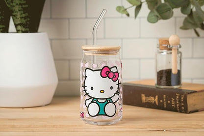Silver Buffalo Sanrio Hello Kitty Strawberry Milk Bow Pink Polka Dot Glass Jar Tumbler with Bamboo Lid and Glass Straw, 16 Ounces