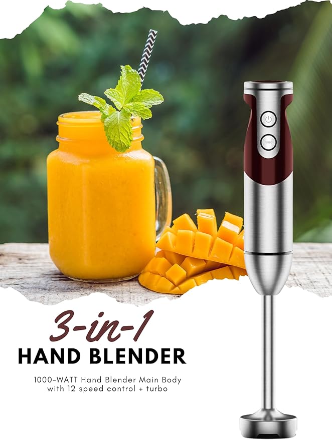 Megawise 3-in-1 Hand Blender – 12-Speed, Includes Powerful Blender Stick, Whisk, and Milk Frother – Easy to Clean and Perfect for Smoothies, and More (Red)